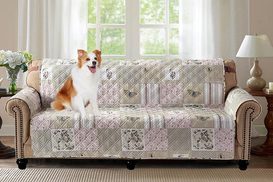 Brilliant Sunshine Grey Cupid & Pink Roses Couch Cover, 70" seat | Non Slip Sofa Cover, Patchwork Design, Quilted Furniture Protector, Large Washable Slipcover for Pets, Dogs & Cats by BrilliantSunshine