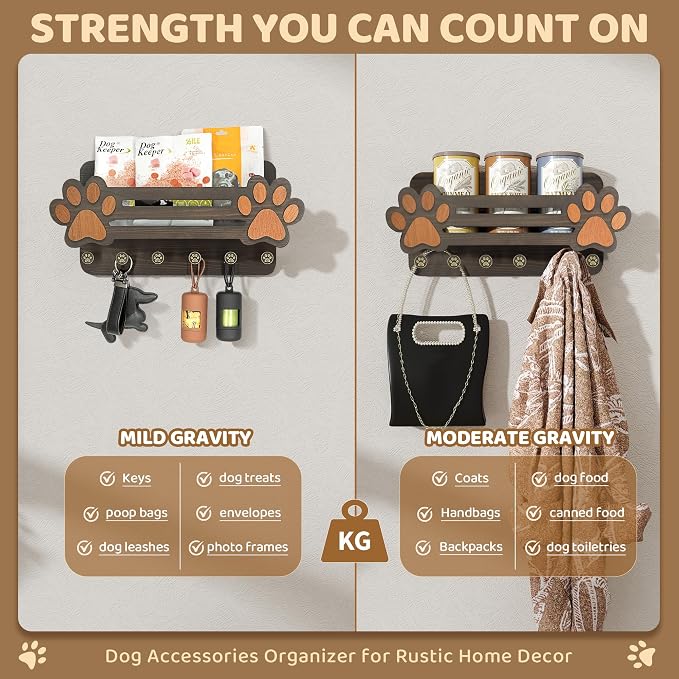 MTERSN Decorative Dog Leash Holder for Wall - Cute Dog Accessories Organizer with Floating Shelf & 6 Key Hooks – Key Holder Wall Mount for Cute Stuff and Farmhouse Decor (Dark Brown) - Image 5