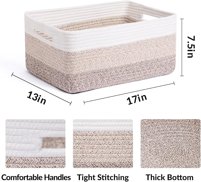 MiniArk Large Storage Baskets for Organizing, 17 x 13 x 7.5” Closet Shelf Baskets for Clothes Blanket Towels, Baby Nursery, Toy Bins Box, Woven Rope Basket, 3 Packs Gradient Brown - Image 2