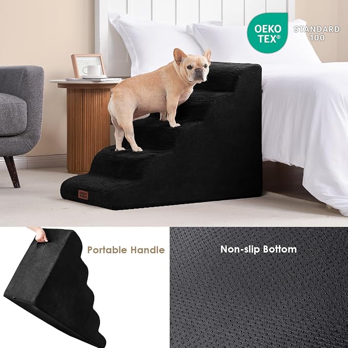 EHEYCIGA Curved Dog Stairs Ramp for High Beds, 5-Step Extra Wide Dog Steps for Small Dogs and Cats, Pet Stairs for High Bed Climbing, Non-Slip Balanced Pet Step Indoor, Black - Image 6