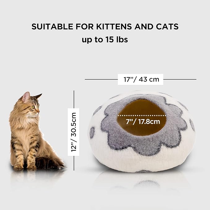 Woolygon Premium Felt Cat Cave Bed – Wool Kitty Beds Handcrafted Kitten Caves Bed for Indoor Cats - Made from Merino Wool, Foldable Cat Hideaway Covered Cat House Pod (White Flower) - Image 2