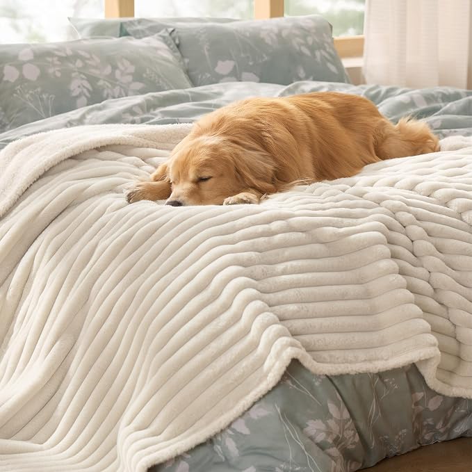 Bedsure ComfyFleece™ Waterproof Blanket for Bed, Twin（60"x80"） Cream | Soft Plush Couch Bed Cover Corduroy Fleece for Furniture Protector, Cozy Calming Reversible Dog Blankets for Large Dogs Pet by Unknown