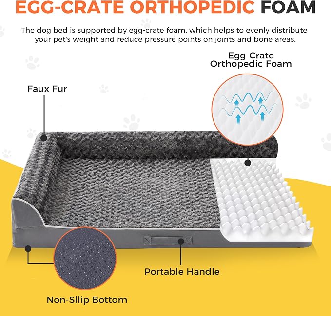 Dog Bed Large Sized Dogs, XL Orthopedic Dog Bed for Large Dogs, Waterproof Pet Bed with Washable Removable Cover, L-Shaped Pet Couch with Portable Handle 42"x30"x7.5", Dark Grey - Image 2