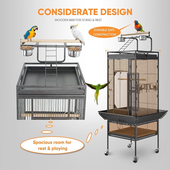 SUPER DEAL PRO 61-inch 2in1 Large Bird Cage with Rolling Stand Playtop Parrot Chinchilla Finch Cage Macaw Conure Cockatiel Cockatoo Pet House Wrought Iron Birdcage, Black - Image 6