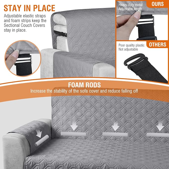 VANSOFY Sectional Couch Covers 100% Waterproof L Shaped Sofa Slipcover 3pcs Reversible Chaise Lounge Cover for Sectional Sofa Furniture Protector Cover for Pets Cat Dog(Small, Light Gray) - Image 6