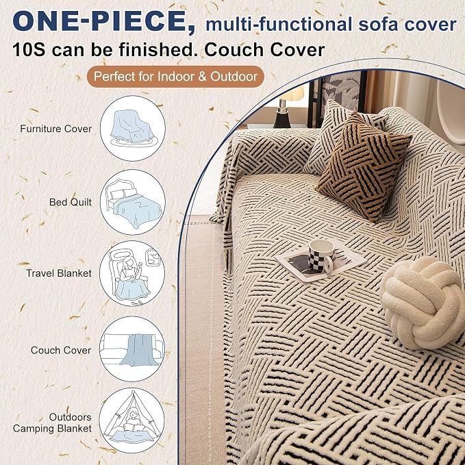 ROOMLIFE Striped Boho Black Couch Cover for 2-3 Cushion Sofa, Fuzzy Plush Warm Sofa Slipcovers Sectional Sofas Covers, Non Slip Washable Furniture Protector Soft with Tassel,Winter 71''X150” - Image 4
