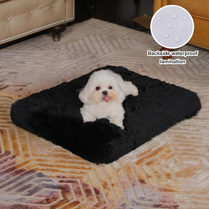 Bedfolks Waterproof Dog Crate Pad, Plush Dog Kennel Bed with Removable Cover, Faux Fur, Washable, 23"x18", Black - Image 2
