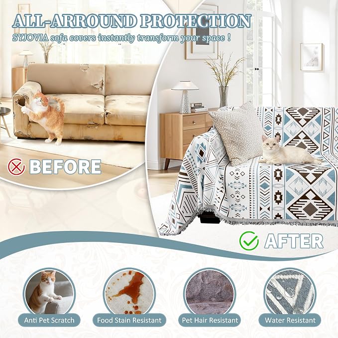1OO% Waterproof Sectional Couch Covers for Dogs L Shaped Corner Sofa Cover Washable Chenille Sofa Slipcovers Blanket Modern Jacquard Pet Furniture Protector (91"x276", Boho Blue Brown) - Image 5