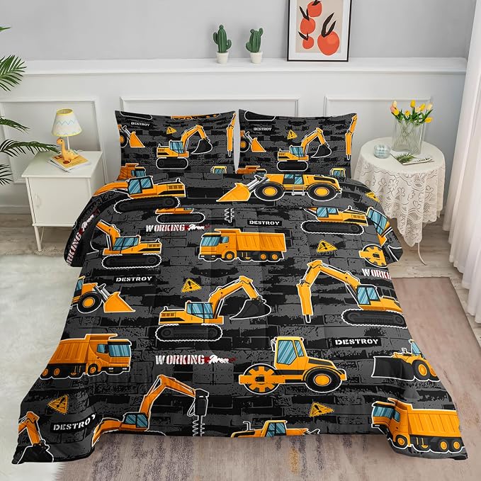 Truck Comforter Set Crane Excavator Engineering Vehicle Printed Bedding Set with 1 Comforter and 2 Pillowcases for Boys and Girls Bedroom All Season(Truck Full) by SmellSunshine
