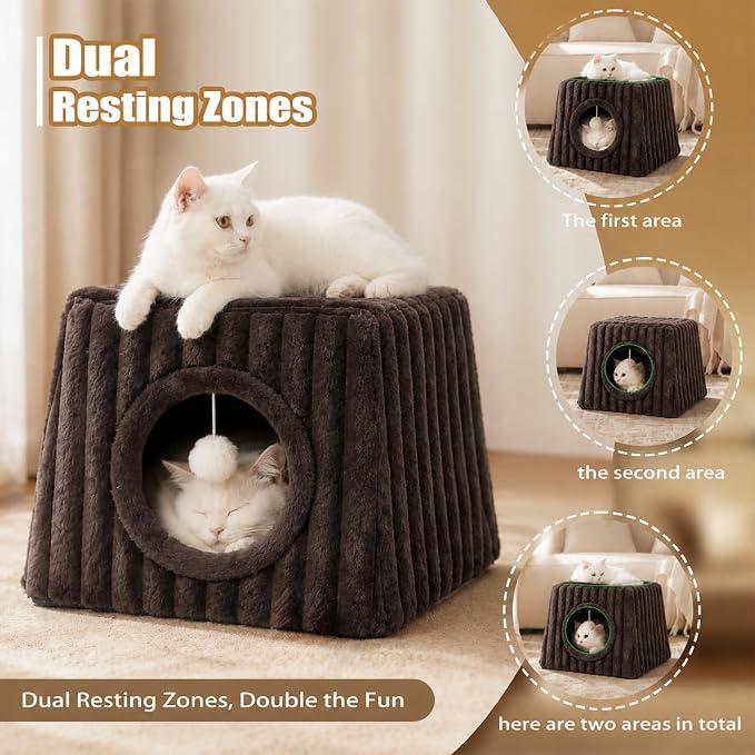 Indoor Cat House - Large Cat Cave Bed with Fluffy Balls, Foldable Cat Bed Cave and Apartment with Pads, Suitable for Multiple Small and Large Cats, 15.74x13.7x13.7inches (Coffee, Large) - Image 3