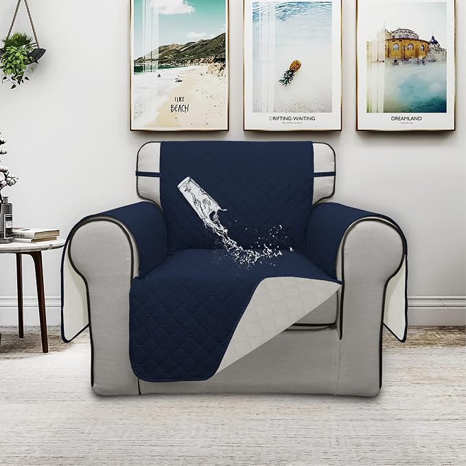ISSUNTEX Double Protection 100% Waterproof Chair Sofa Cover for Living Room, Reversible Furniture Protector for Dogs, Pets, Kids (Chair, Navy/Ivory) - Image 2