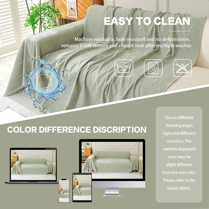 DREAMINGO Sofa Covers Washable Thick Chenille Couch Cover for 3 Cushion Couch Sofa Multi-Use Couch Cover Blanket Modern Pet Furniture Protector Sectional Couch Slipcover 91"x134", Sage Green - Image 6