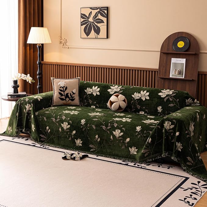 STACYPIK Garden Floral Green Couch Cover Vintage Jacquard Chenille Sofa Cover Reversible, Botanical Floral Couch Slipcover for 2 Cushion Couch, Dog Loveseat Sofa Cover Versatile Throw Blanket-71X118IN - Image 2