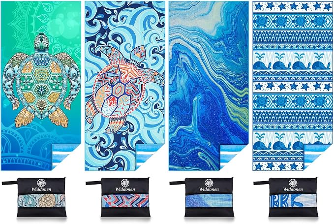 Widdonen Microfiber Beach Towel,Compact 4 Pack-71x32 Inch with Bag Travel | Extra Large,Lightweight,Thin,Sand Free,Quick Dry,Absorbent.Packable for Camping,Swim,Pool,Bath,Picnic,Cruise Essentials Gift by WIDDONEN