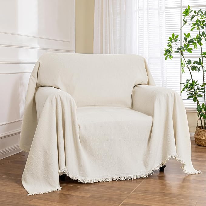 MEETSKY Oversized Chair Cover Washable Armchair Sofa Cover for Dog, Couch Protector for Sofa Single Cover, Small Couch Cover Sofa Throw Cover with Tassel, 71" x 91", Beige by MEETSKY