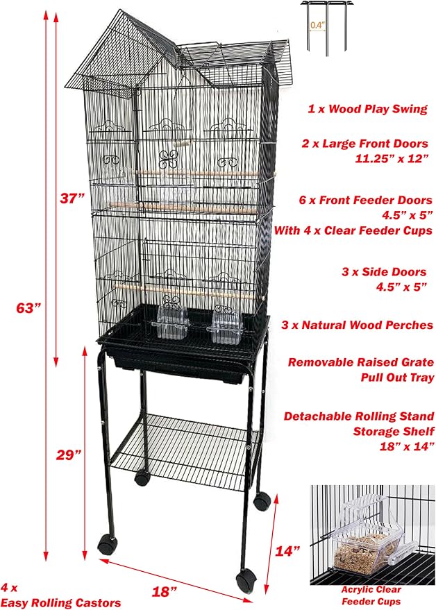 63" Roof Top Bird Flight Parrot Pet House Home Cage with Removable Rolling Stand for Cockatiel Sun Conure Parakeet Finch Budgie Lovebird Canary - Image 2