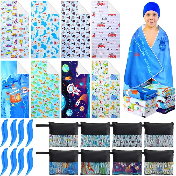 Tingjoo 24 Pcs Kids Microfiber Beach Towel Set 8 Beach Towels Bulk with 8 Storage Bags 8 Beach Ties 30" x 60" Unicorn Mermaid Dolphin Flamingo Quick Dry Towel for Pool Swim Bath Picnic Camping (Boys) by Tingjoo