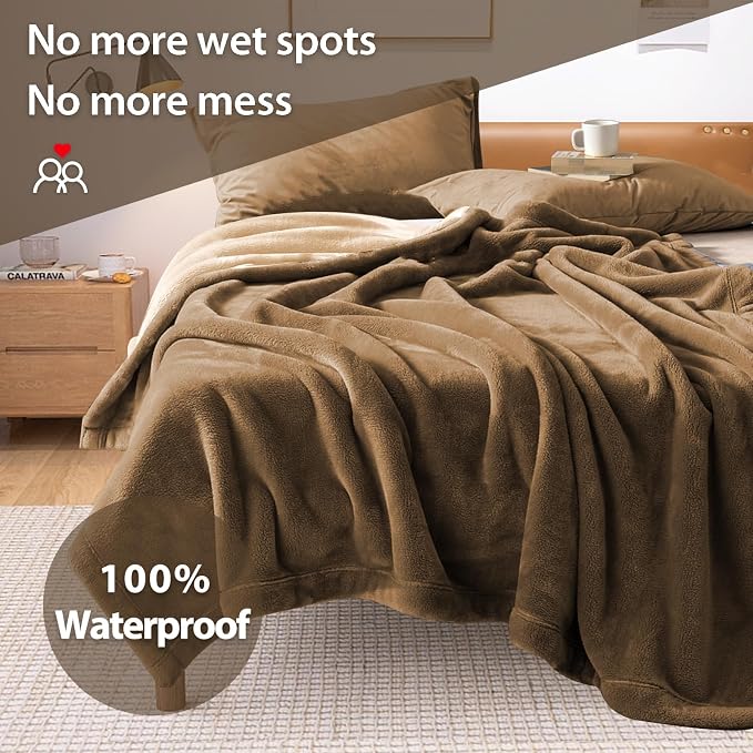 80"x60" Waterproof Couple's Bed Blanket Tan/Brown, Reversible, Stain Proof | Waterproof Washable - Image 7