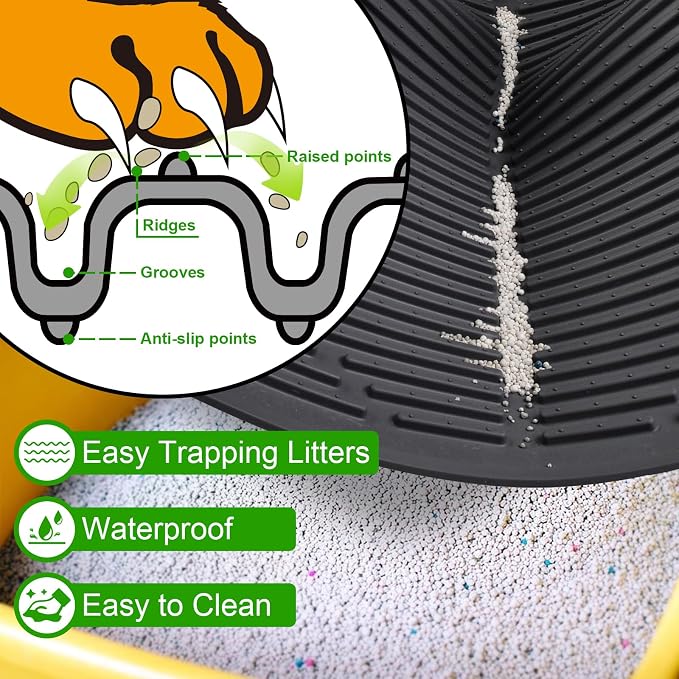 Gosmol Cat Litter Mat XXL 38" x 25" Extra Large Waterproof Trapping Mat with Raised Points, Easy Clean Litter Mat, Non-Slip Silicone Cat Mats for Litter Boxes & Floor-Black - Image 3