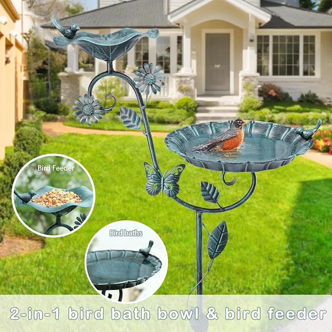 MUMTOP Bird Bath and Feeder for Outdoors, 53in Height Metal Birdbath Green | Antique Garden Bird Feeder and Bath with Stable Metal Stake for Outside Yard Lawn Decor, Metal Garden Bird Water Station - Image 2