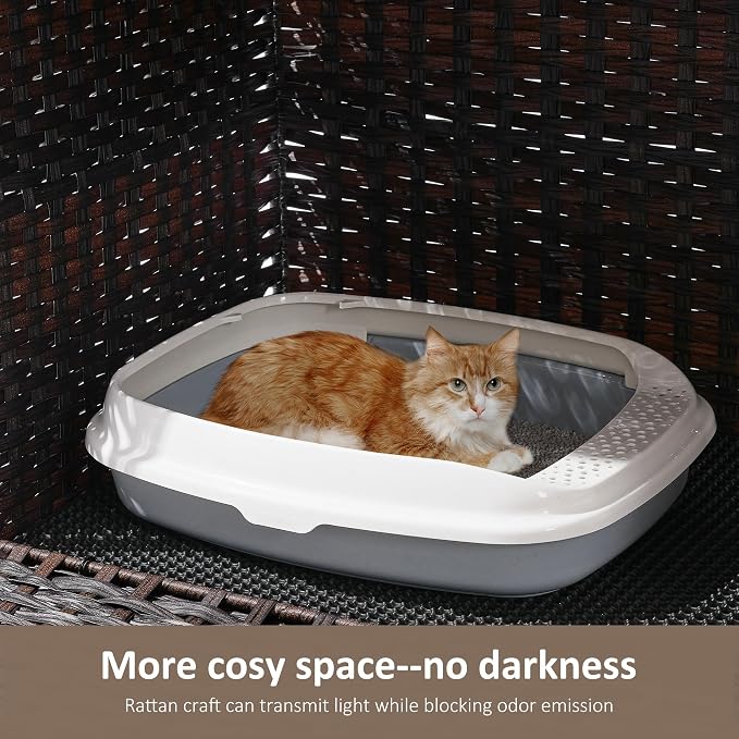 Cat Litter Box Enclosure with Door, Hidden Cat Washroom Furniture | Handwoven PP Wicker; Soft Litter Mat Included; Spacious Interior; Furniture-Style Design; Indoor Home Décor - Image 4