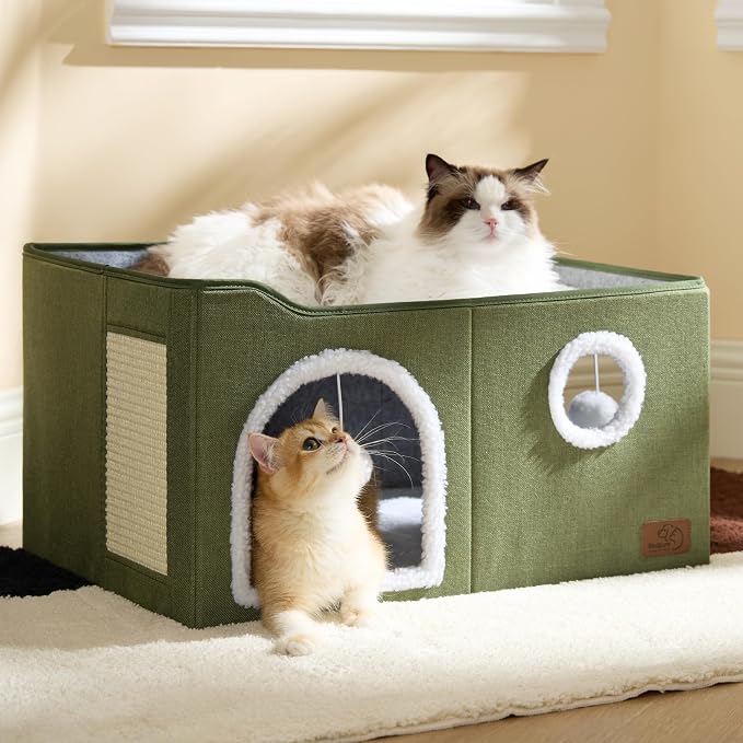 Bedsure Extra Wide Cat House Bed with Fluffy Ball and Scratch Pad | Loden Green,23.6x16.9x13 in,Indoor Cat Cave for Multiple Pets, Foldable Cat Hideway Cube for Sleeping Large Cat and Kitten - Image 8