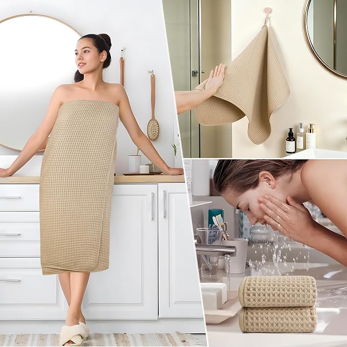 POLYTE 430 GSM Microfiber Quick Dry Lint Free Oversize Bath Towel Set, 6 Piece (Waffle Weave) - Image 5