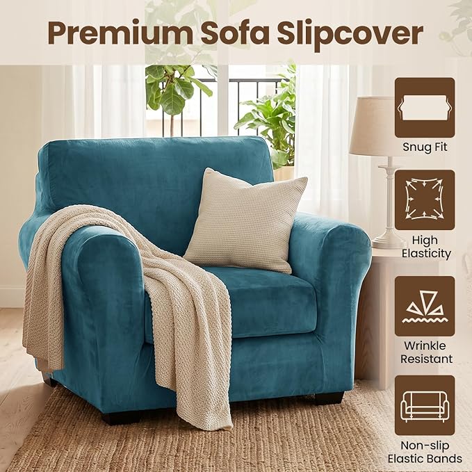 XINEAGE 2-Piece Velvet Armchair Sofa Cover,Couch Cover for Dog,Peacock Blue | 1 Cushion Chair,Stretch Non-slip Elastic, Pet-friendly, Washable, Fast Setup, Soft Plush Fabric, Furniture Protector. - Image 2