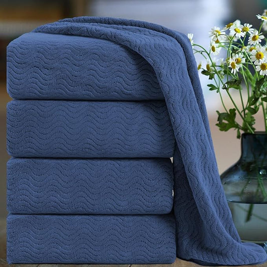 Smuge Ultra Soft Bath Towel Set of 4, Navy Extra Large Textured Microfiber Luxury Towels 35x70 in, Quick Dry, Highly Absorbent, Fluffy, Oversized, for Bathroom Shower Pool Hotel Beach by Smuge