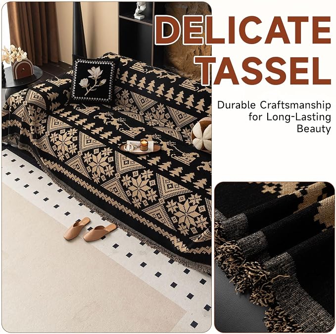 VClife Boho Couch Cover for Sofa, Anti Slip Chenille Sofa Cover for Sectional Sofa - 1 Piece Black Khaki Geometry Jacquard Sofa Slipcover, Pet-Friendly Couch Cushion Cover with Tassel 71"x 134" - Image 6