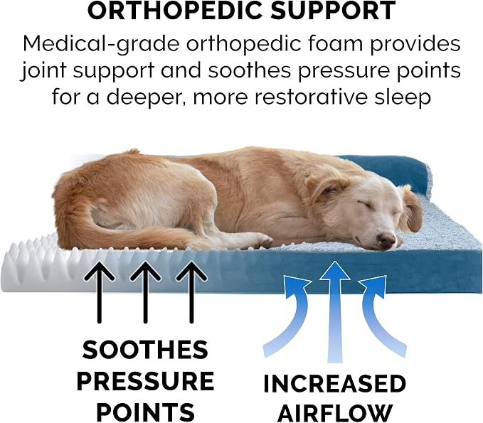 Furhaven Orthopedic Dog Bed for Large/Medium Dogs w/ Removable Bolsters & Washable Cover, For Dogs Up to 55 lbs - Two-Tone Plush Faux Fur & Suede L Shaped Chaise - Marine Blue, Large - Image 5
