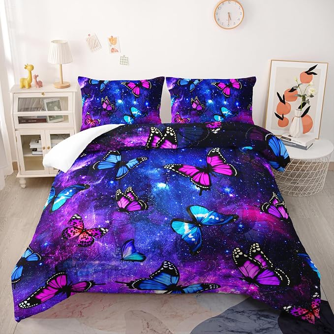 Nttopship Twin Size Galaxy Starry Sky Bedding Set, Violet Butterfly Comforter Set with 1 Comforter and 2 Pillowcases - Image 8