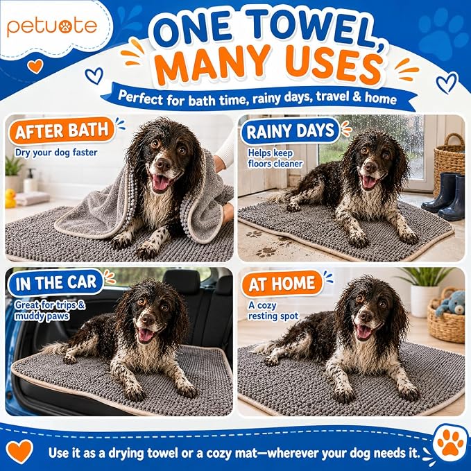 Pet 2-in-1 Dog Towel & Mat – Transforms from Drying to Bath Mat, Ultra Soft, Absorbent & Quick-Drying, Machine Washable Dog Towels with Detachable Non-Slip Mat and Hand Pockets (Medium) - Image 3
