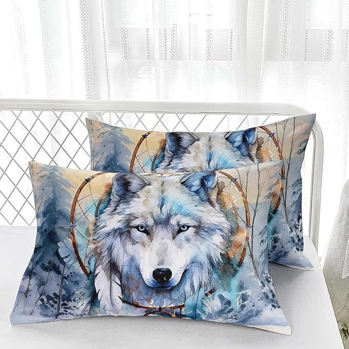 Nttopship White Wolf Comforter Sets Twin Size for Kids,White Wolves 3D Cartoon and Dream Catchers Comforter Sets All Season 1 Comforter and 2 Pillowcases - Image 6