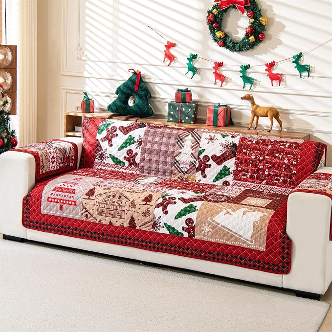 Cmfshape Christmas Skidproof Sofa Cover-Festival Sofa Slipcover with Elastic Straps-Easy Fit Slip Cover-Patchwork Washable Furniture Protector for Pets and Kids(Sofa,Red) - Image 2