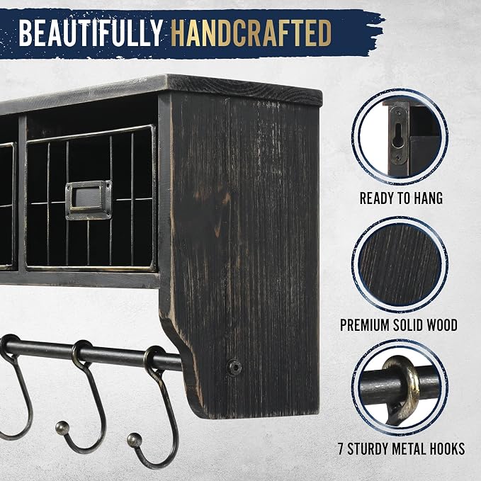 HBCY Creations Wall Mounted Shelf with Coat Hooks and Baskets, Solid Wood Entryway Organizer Wall Shelf with Hooks - Hang Coats, Keys or Coffee Mugs, Rustic Blackwash 24" Wide - Image 4
