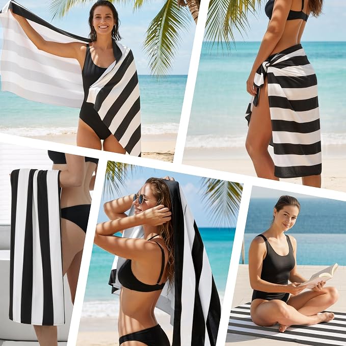 Touchat 4 Pack Beach Towels Oversized 30'' x 60'' Microfiber Pool Swim Bath Camping Travel Cabana Stripe Quick-Dry Super Absorbent Lightweight Sand Free Towel for Adults, Multi-Functional，Black - Image 7