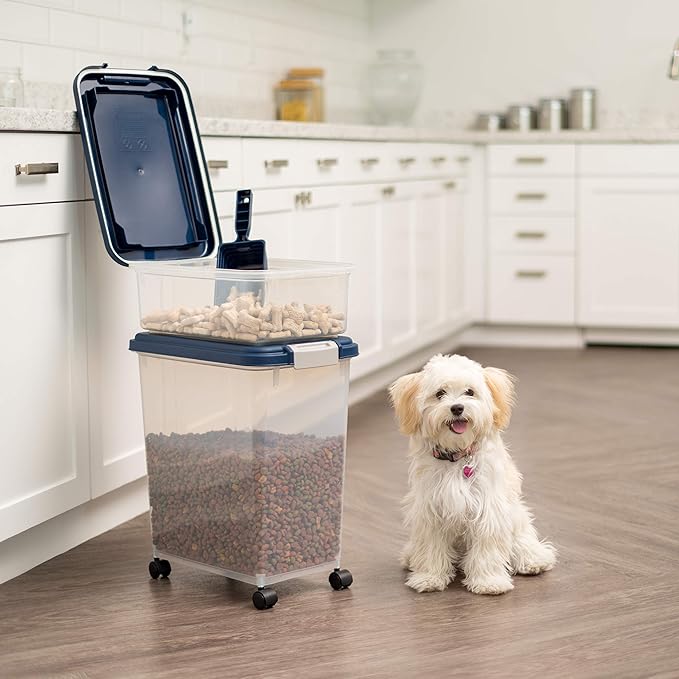 IRIS USA Dog Food Storage Container, 30 lbs & 11 lbs Combo, Cat Food Storage Container, Dog Treat Container, Airtight, Stackable, 2-Cup Scoop, Wheels, Easy Mobility, Navy - Image 7