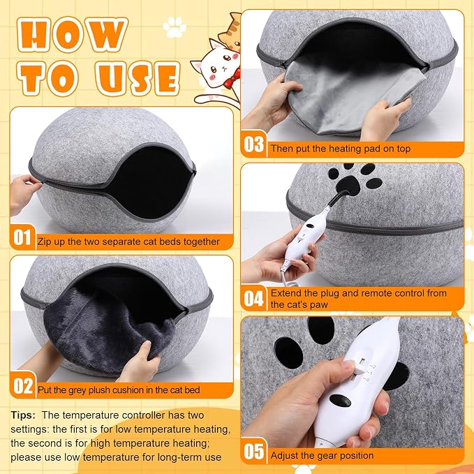 Beeveer Heated Cat Bed, Indoor Heated Cat Cave, Warmer Thermal Pet Bed with Removable Waterproof Heater for Kitty Small Dogs Gray(19.7X 17.8 x 13 Inches) - Image 5