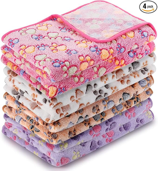 Tatuo 4 Pack Fleece Dog Blankets for Puppy Cats Multi-Size Sleep Mat for Pet Guinea Pig Soft Washable Warm Crate Bed Puppy Teething Toys Print Pattern Blanket Indoor(Mixed Color,40 x 63 Inch,Paw) by Tatuo