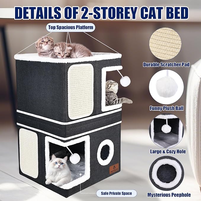 2-Story Cat House for Indoor Cats, Dual-Purpose Cat Cave Bed with Scratch Pad and Fluffy Ball, Foldable Cat Hideaway, Cute Cat Condo Furniture for Multi Small Pet Kitten, Dark Grey - Image 5