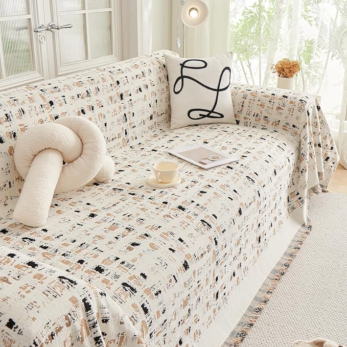 DREAMINGO Abstract Chenille Couch Cover Blanket Beige Khaki Black Boho Sofa Cover, Washable Furniture Protector, Universal Slipcover for Couch, Geometric Brushstroke Jacquard, Large 71"x118" - Image 7
