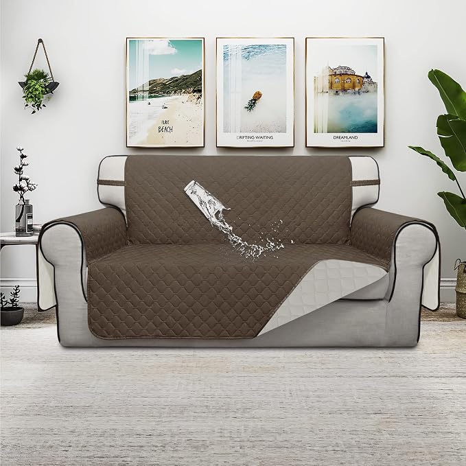 ISSUNTEX Double Protection 100% Waterproof Loveseat Sofa Covers for Living Room, Couch Covers for 2 Cushion Couch Sofa, Reversible Furniture Protector Sofa Cover for Dogs (Loveseat, Camel/Ivory) - Image 2