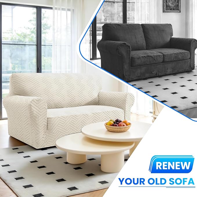 Stretch Sofa Cover Non-Slip Washable Furniture Protector | Stretch, 91"-110".Soft, Non Skid Foam, Elastic Bottom, Machine Washable, for Kids & Pets, Couch & Sofa, Beige White - Image 7