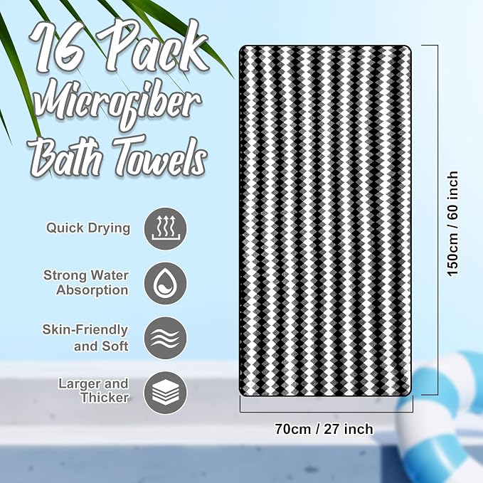 SmoothNovelty 16 Pack Microfiber Bath Towels Bulk 27'' x 60'' Oversized Size Bath Towel Highly Absorbent Extra Large Soft Drying for Beach Shower Summer Salon Sport Gym Party (Grid,Black) - Image 2