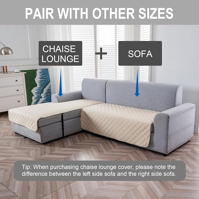Genina L Shape Couch Cover, Sectional Couch Chaise Covers, Waterproof Washable Sofa Covers for Left L Shape Chaise Lounge, Anti-Slip Sofa Slipcovers for Dogs Cats Pet Friendly(Beige) - Image 2
