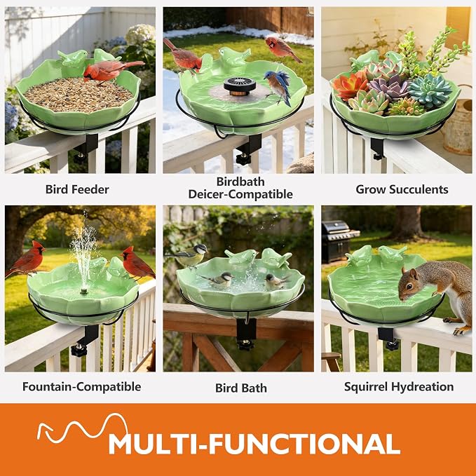 Glazed Ceramic Bird Bath for Deck Railing, 11 Inch Outdoor Bird Feeder Bowl with Adjustable Clamp, Easy Install Balcony/Patio Birdbath for Outside Garden Backyard Decoration, Green - Image 7