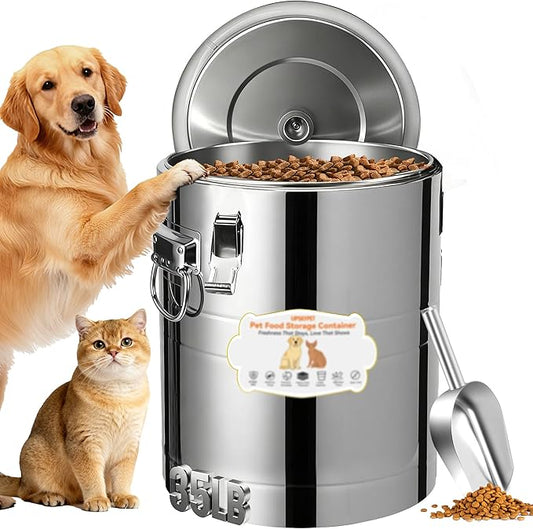 35lb Stainless Steel Dog Food Storage Container, Large Capacity Metal Pet Food Storage Container with Scoop, Airtight Dog & Cat Food Treat Bin for Dry Food Keep Fresh for Multi-Pet Households by UPSKYPET