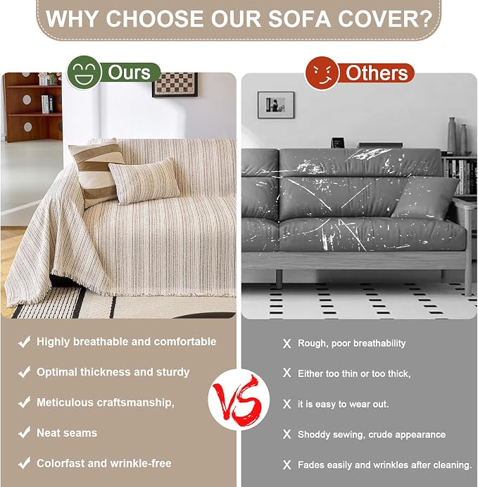 ROOMLIFE Couch Cover 3 Cushion Sofa, Washable Non Slip Furniture Sofa Protector Cover, Soft Chenille Sofa Slipcovers Sectional L Shape Dogs Couch Cover Throw Blanket with Tassels 71''X118'' - Image 3