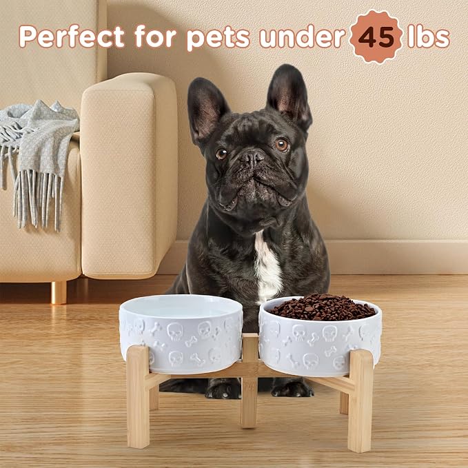 SPUNKYJUNKY Elevated Dog Bowls Ceramic, 6.1'' Dogs and Cat Food Water Bowls Raised with Non-Slip Bamboo Stand for Medium Sized Breed Microwave Dishwasher Safe - 28.7 OZ,Skull White - Image 7